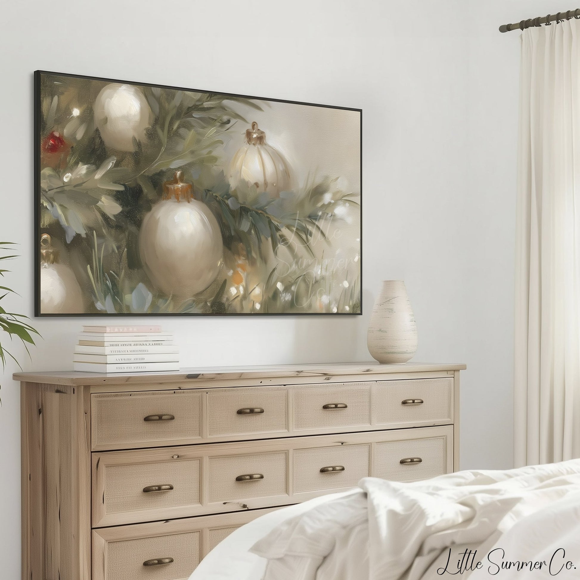White Christmas Ornaments Frame TV Art displayed on a TV