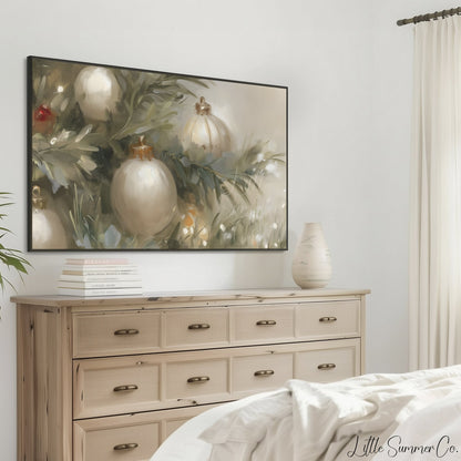 White Christmas Ornaments Frame TV Art displayed on a TV