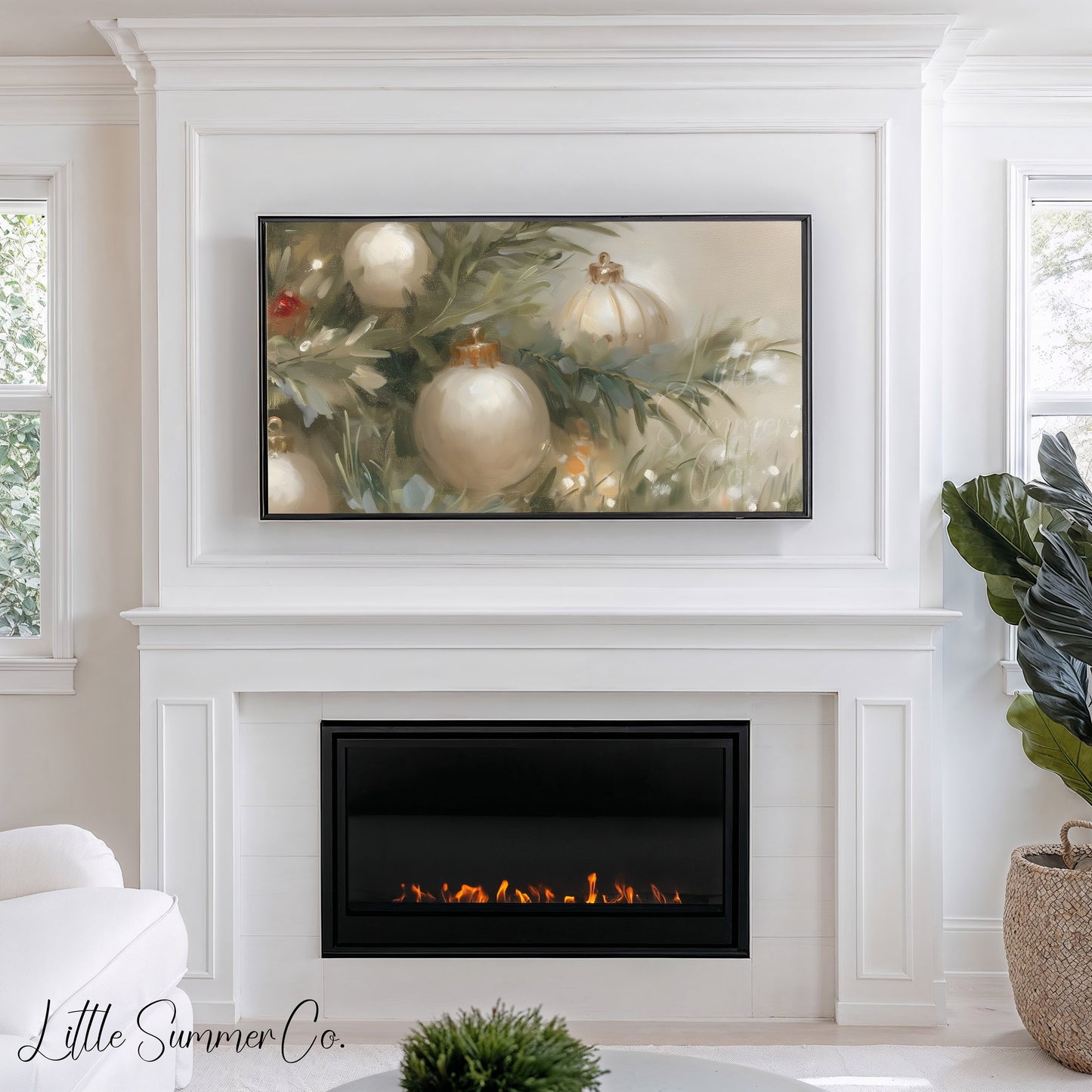 White Christmas Ornaments Frame TV Art displayed on a TV