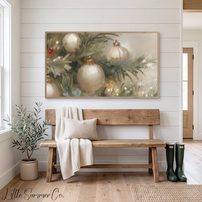 White Christmas Ornaments Frame TV Art displayed on a TV