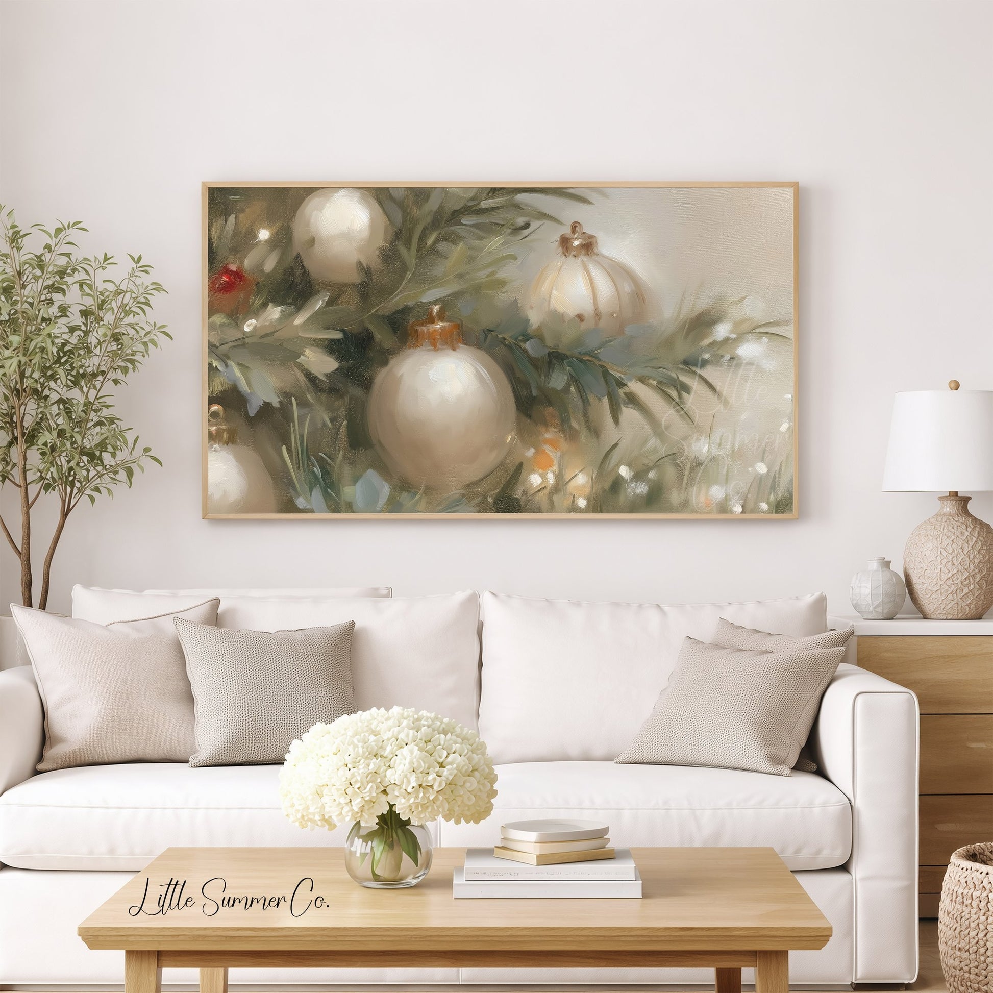 White Christmas Ornaments Frame TV Art displayed on a TV