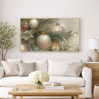 White Christmas Ornaments Frame TV Art displayed on a TV
