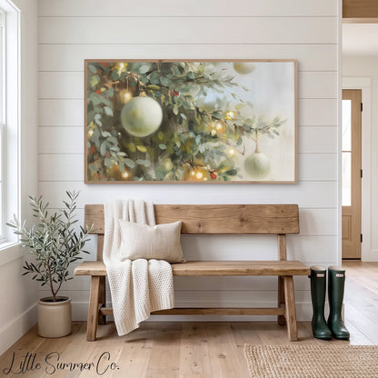 Christmas Ornament Branches Frame TV Art displayed on a TV