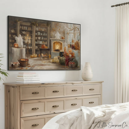 Fireplace Pumpkins Frame TV Art displayed on a TV