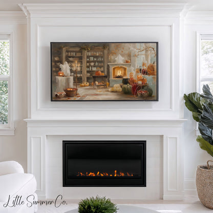 Fireplace Pumpkins Frame TV Art displayed on a TV