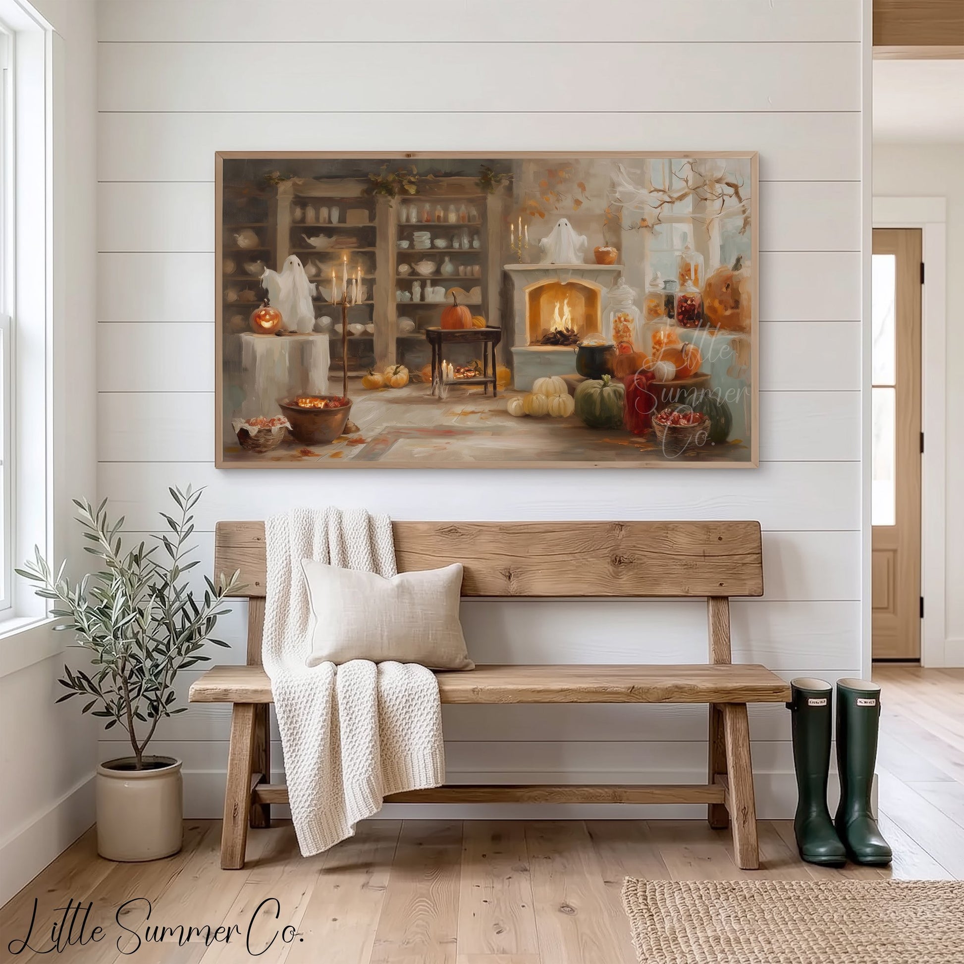 Fireplace Pumpkins Frame TV Art displayed on a TV