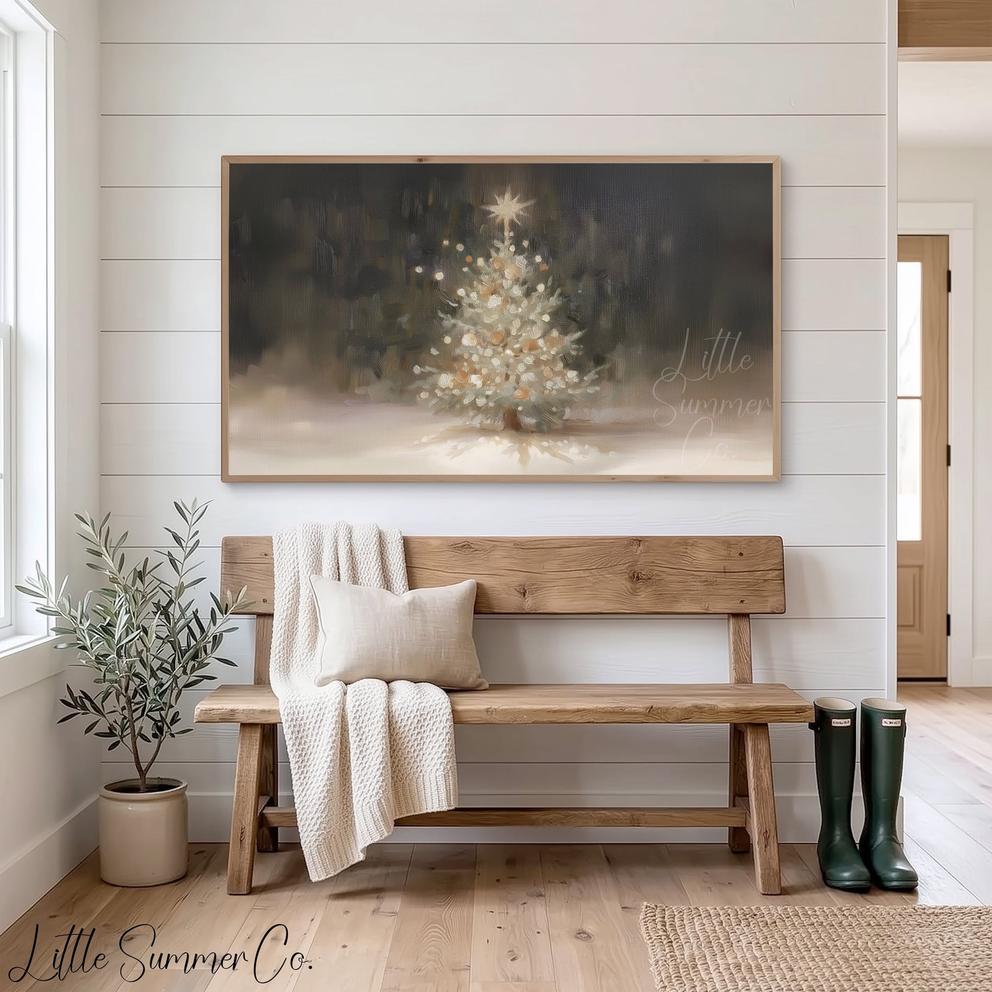 White Christmas Tree Glowing Frame TV Art displayed on a TV