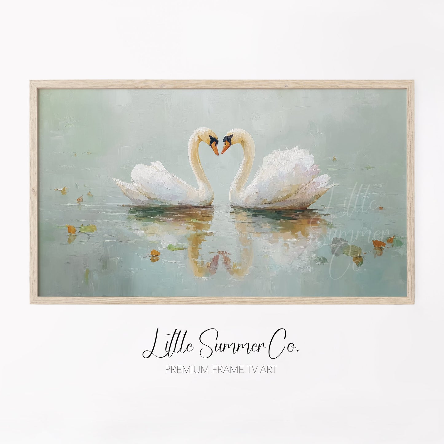 Swan Pair On Misty Water Frame TV Art displayed on a TV