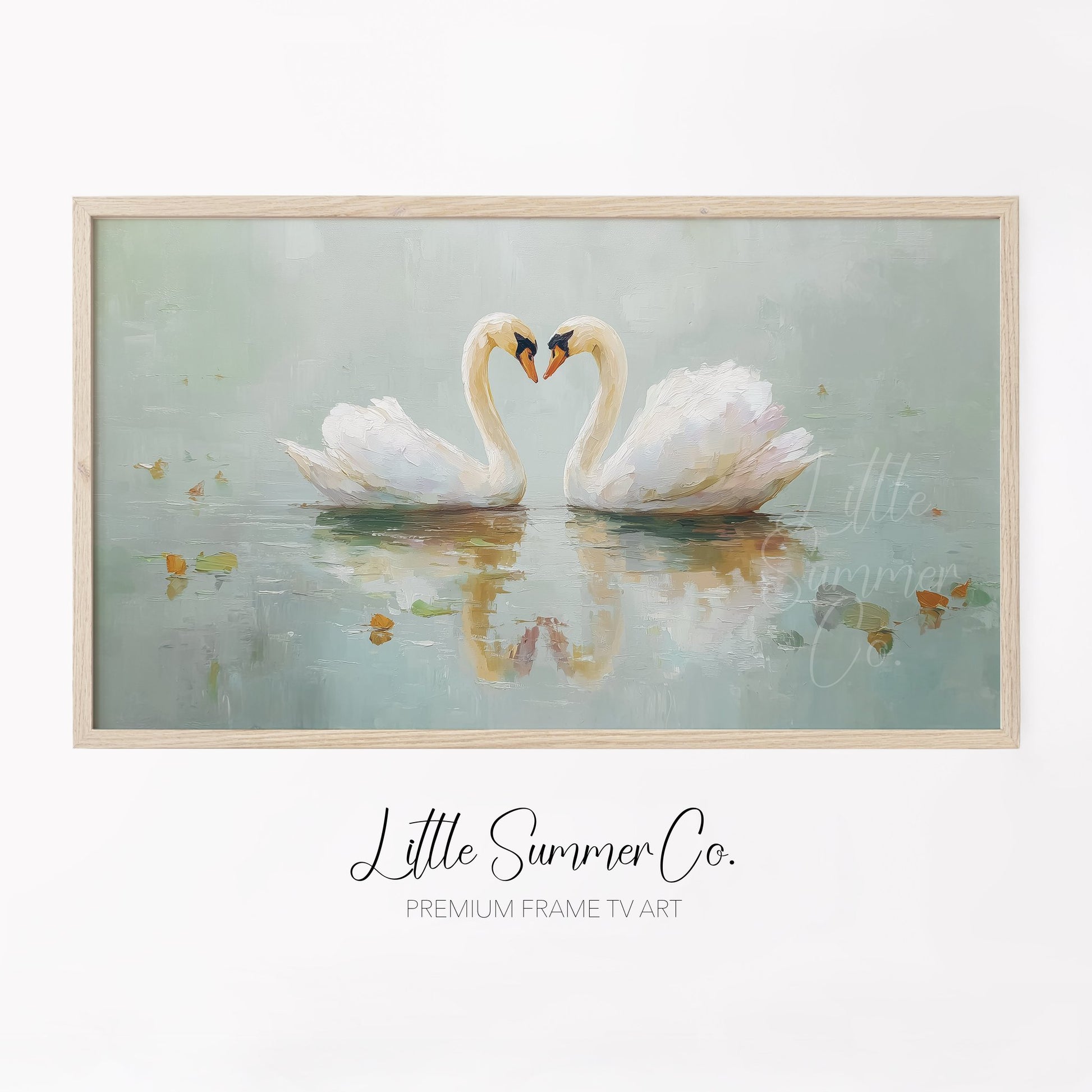 Swan Pair On Misty Water Frame TV Art displayed on a TV