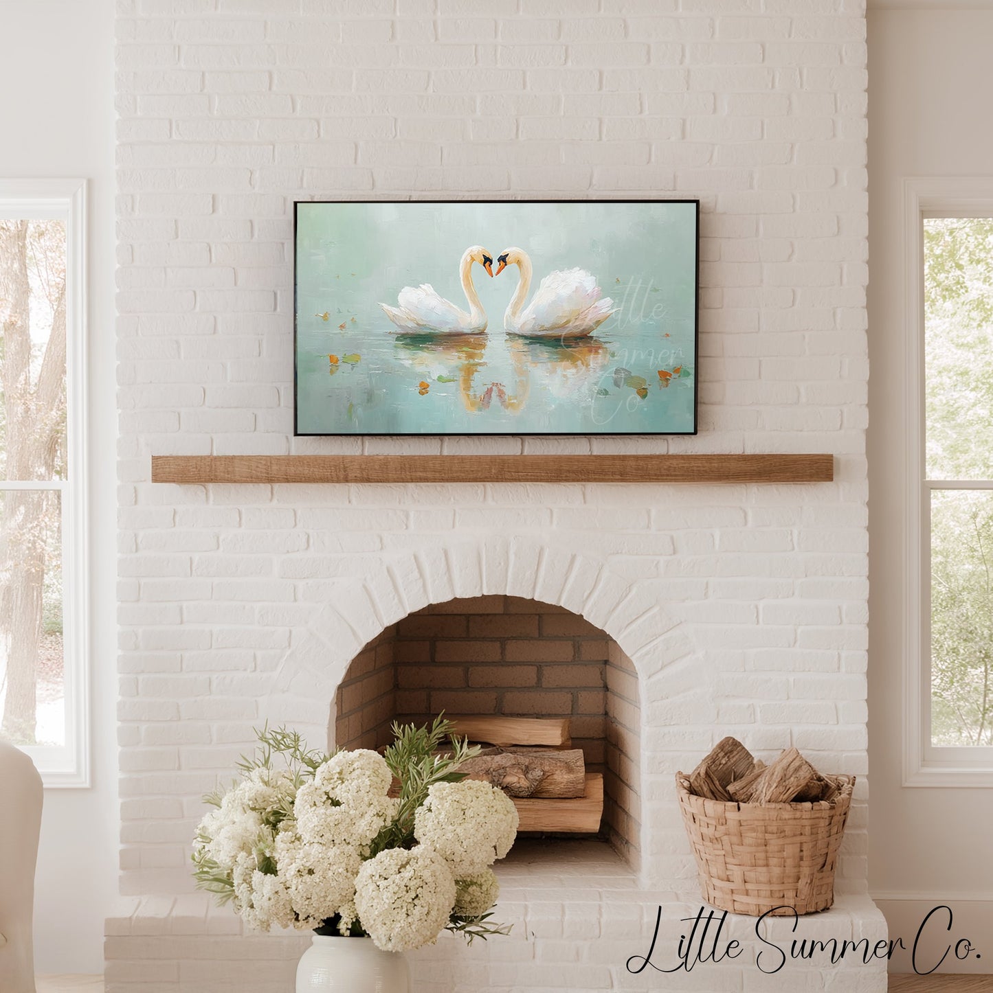 Swan Pair On Misty Water Frame TV Art displayed on a TV