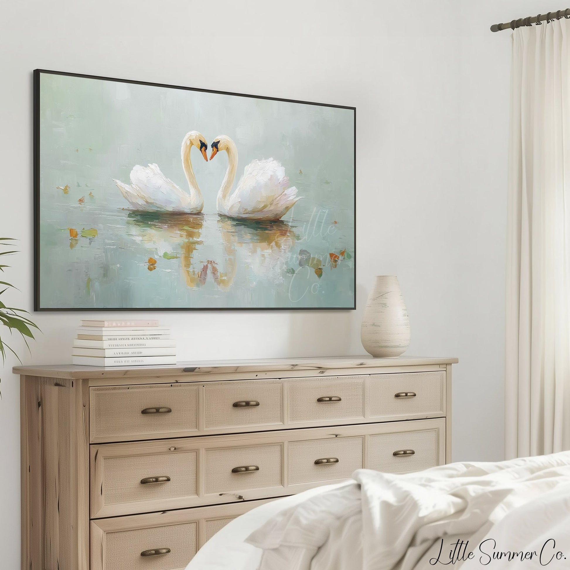 Swan Pair On Misty Water Frame TV Art displayed on a TV