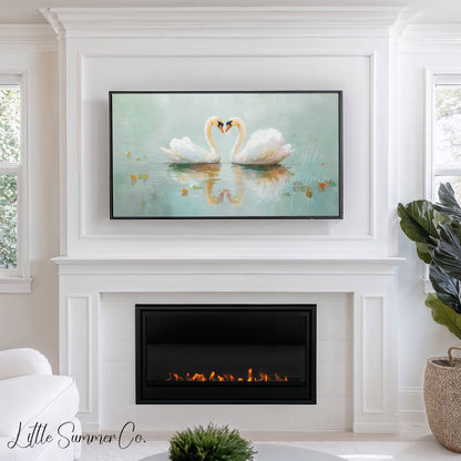 Swan Pair On Misty Water Frame TV Art displayed on a TV