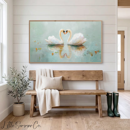 Swan Pair On Misty Water Frame TV Art displayed on a TV