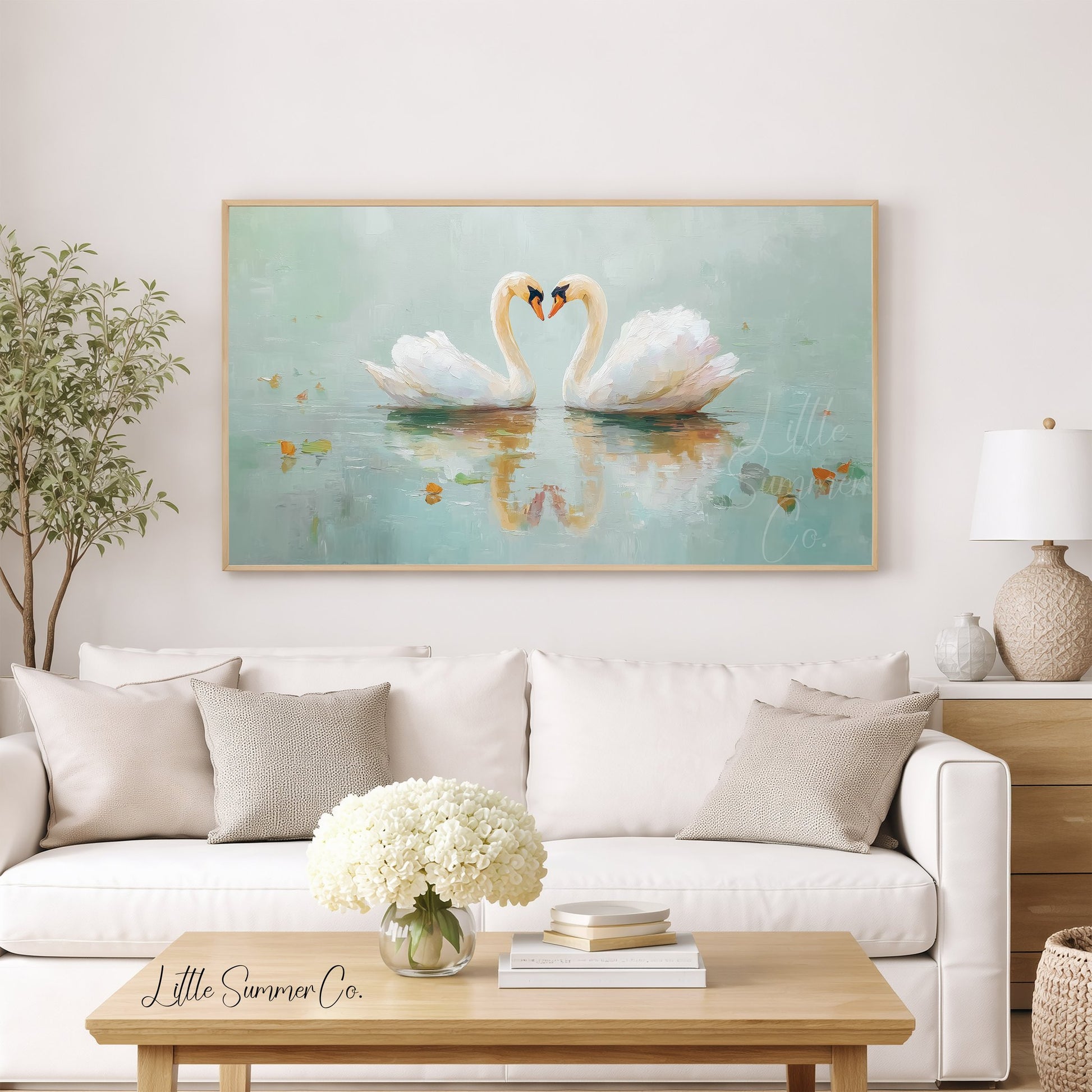 Swan Pair On Misty Water Frame TV Art displayed on a TV