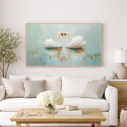 Swan Pair On Misty Water Frame TV Art displayed on a TV