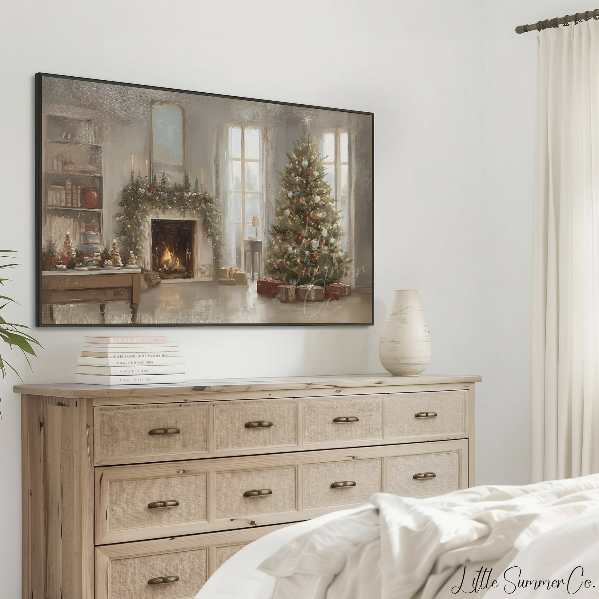 Fireplace Christmas Tree Frame TV Art displayed on a TV