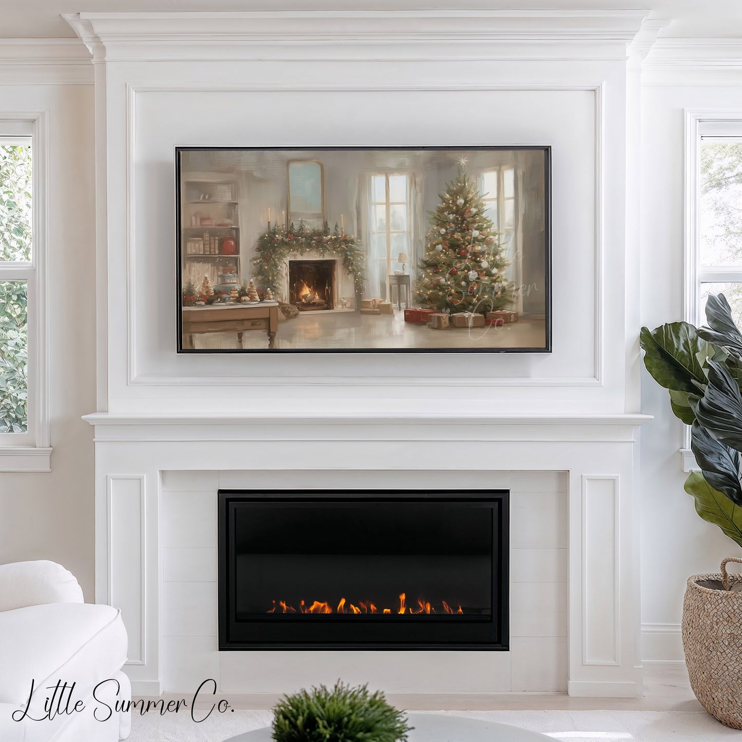 Fireplace Christmas Tree Frame TV Art displayed on a TV