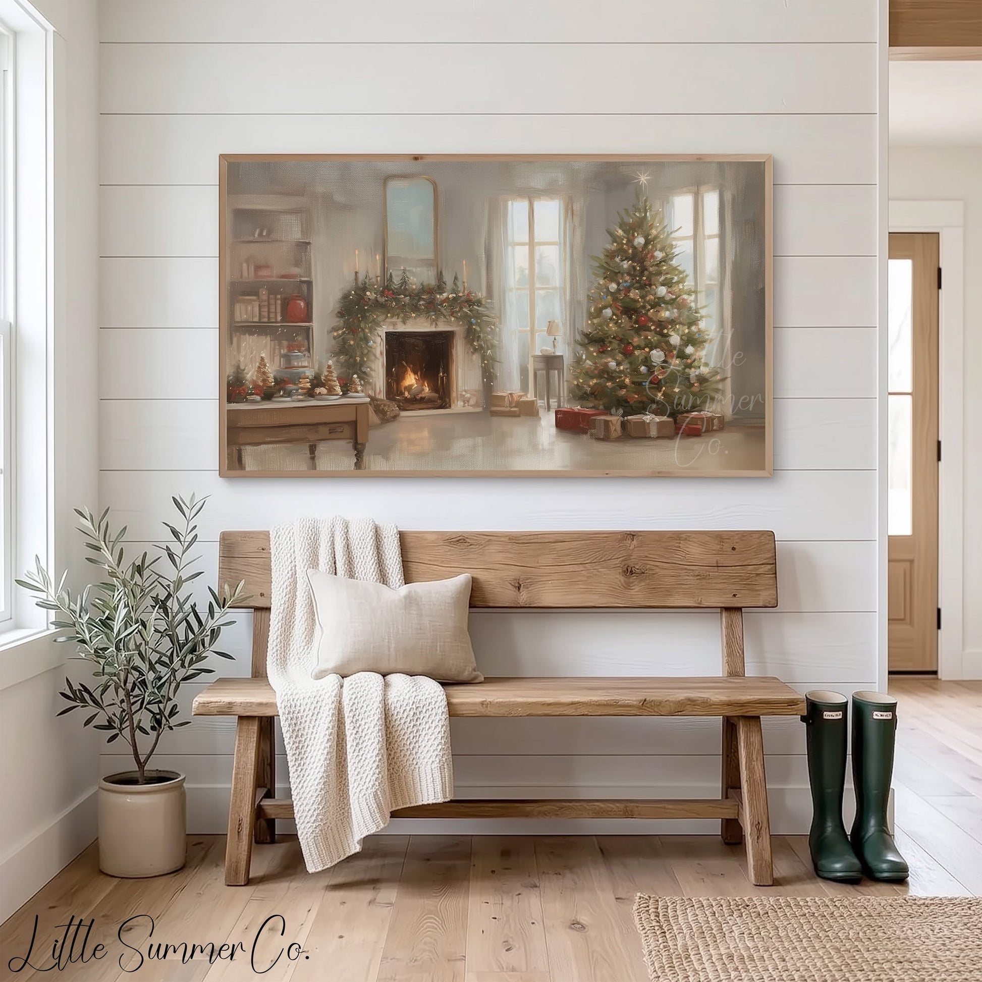 Fireplace Christmas Tree Frame TV Art displayed on a TV