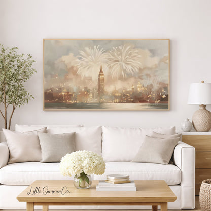 New York Fireworks New Year Frame TV Art displayed on a TV