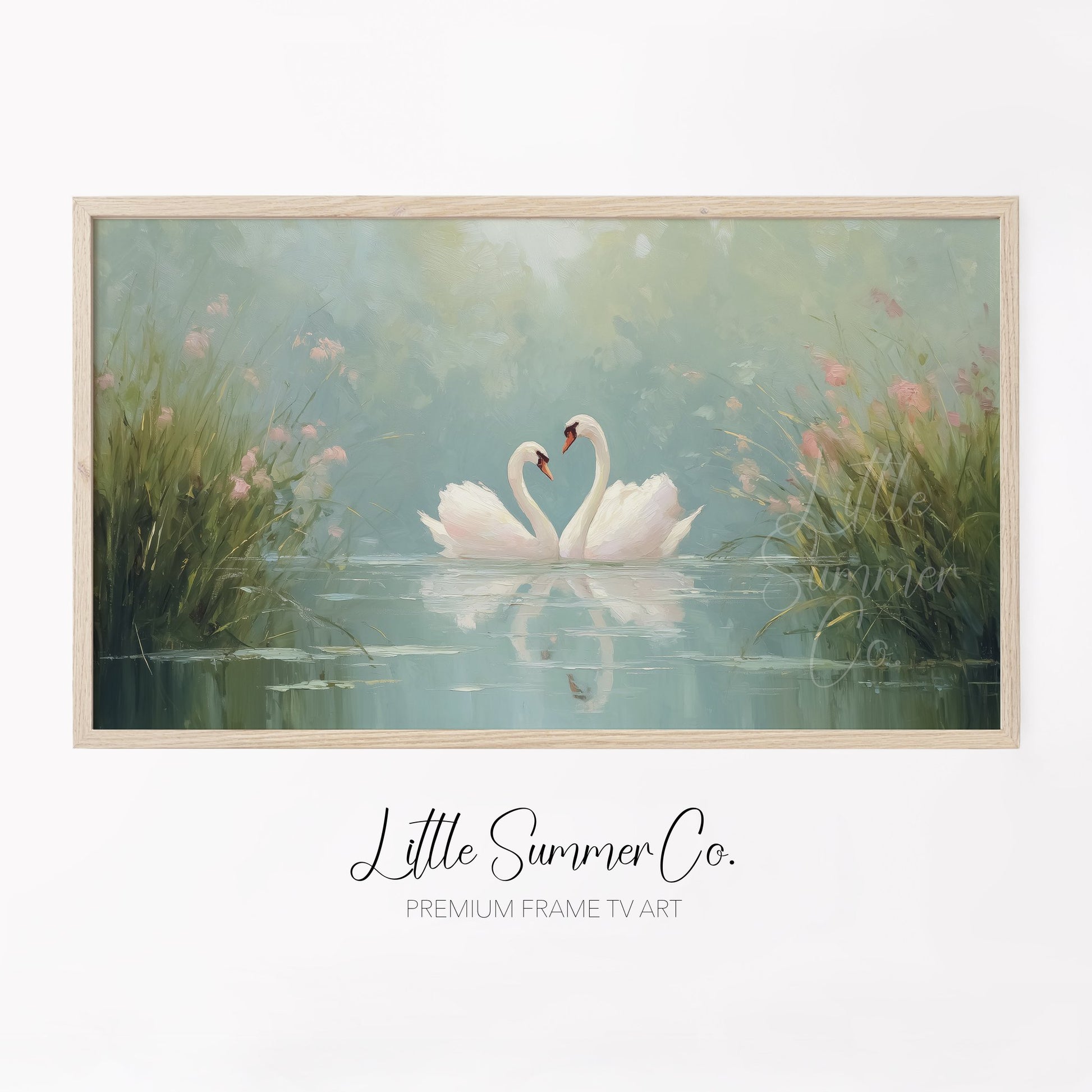 Swans Among Pink Wildflowers Frame TV Art displayed on a TV