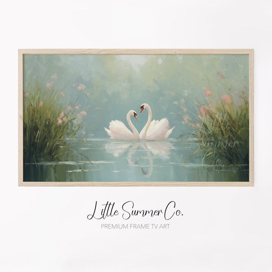 Swans Among Pink Wildflowers Frame TV Art displayed on a TV