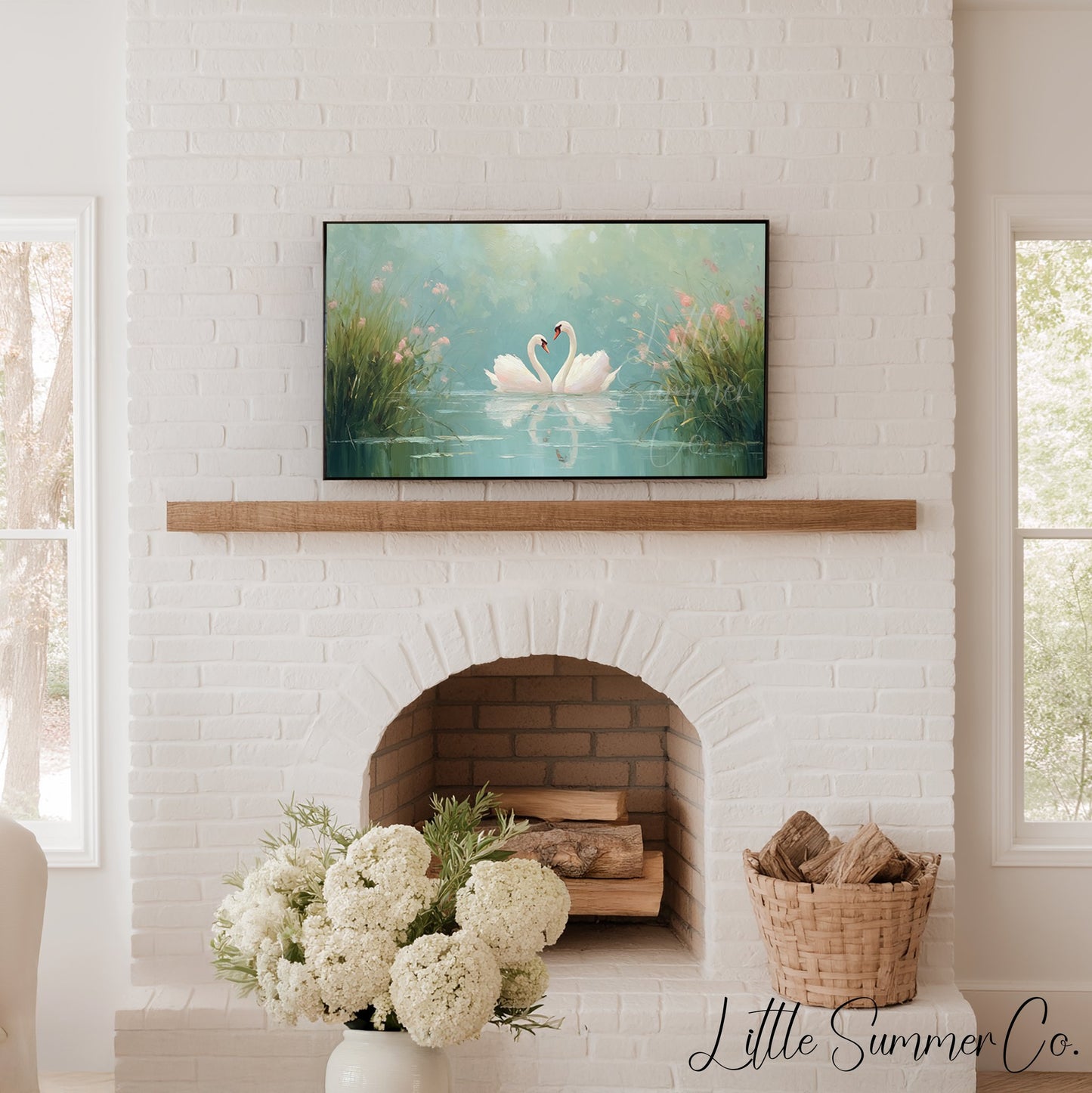 Swans Among Pink Wildflowers Frame TV Art displayed on a TV