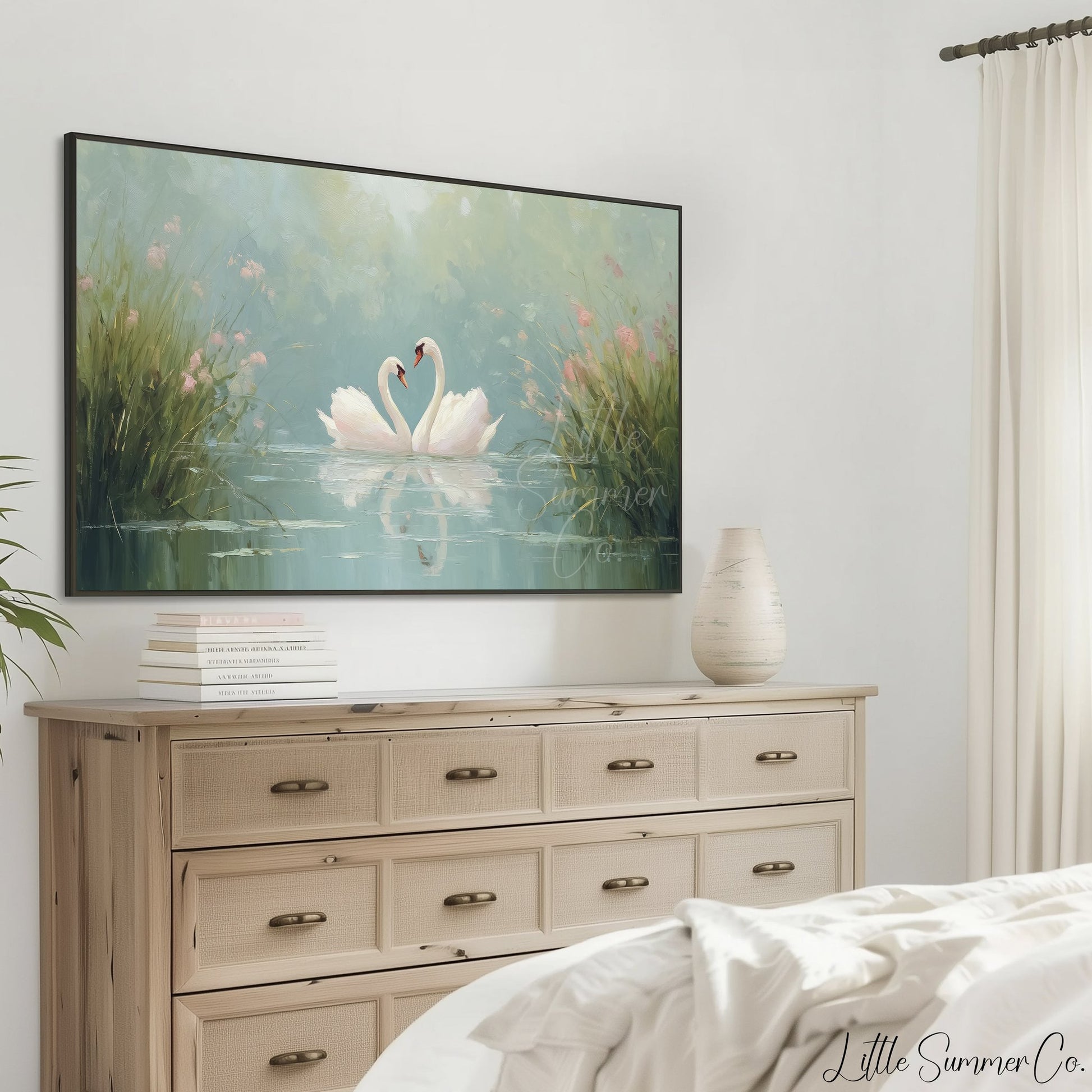 Swans Among Pink Wildflowers Frame TV Art displayed on a TV