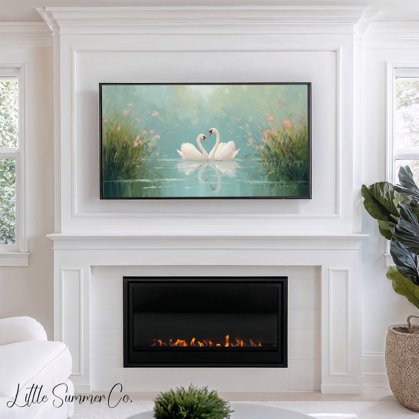 Swans Among Pink Wildflowers Frame TV Art displayed on a TV
