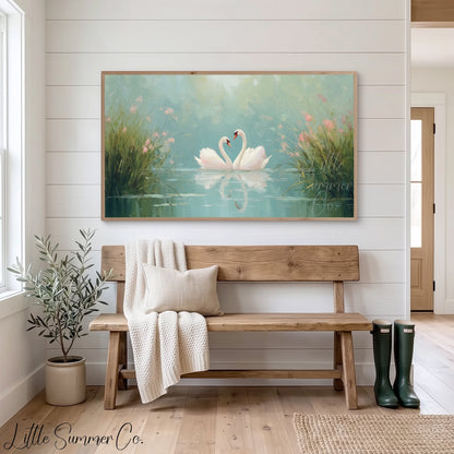 Swans Among Pink Wildflowers Frame TV Art displayed on a TV