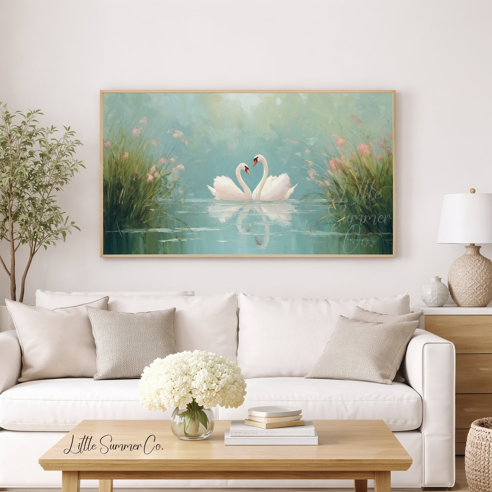 Swans Among Pink Wildflowers Frame TV Art displayed on a TV