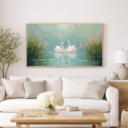 Swans Among Pink Wildflowers Frame TV Art displayed on a TV