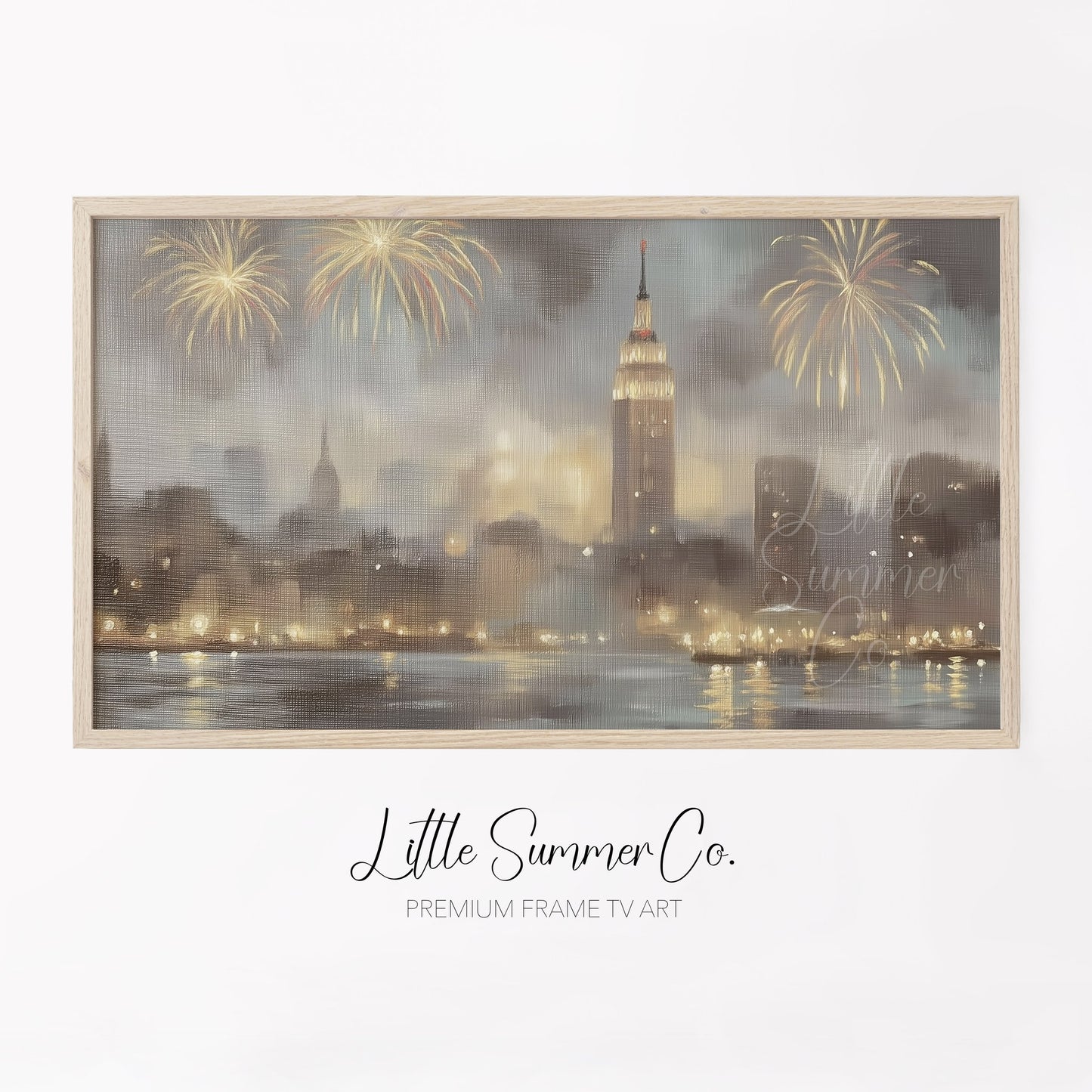City Fireworks Skyline Frame TV Art displayed on a TV