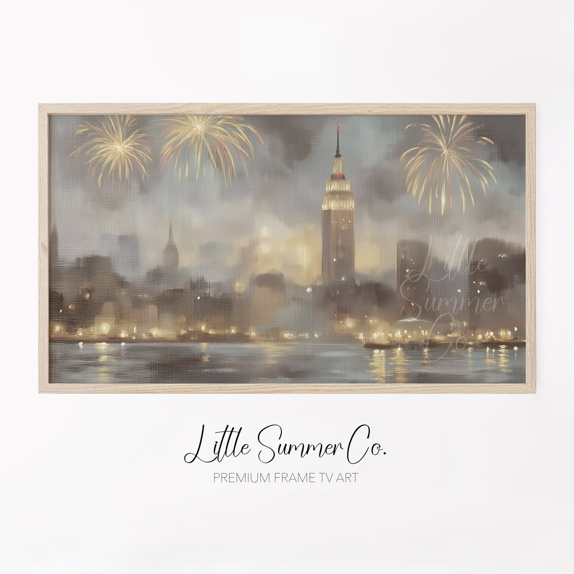 City Fireworks Skyline Frame TV Art displayed on a TV