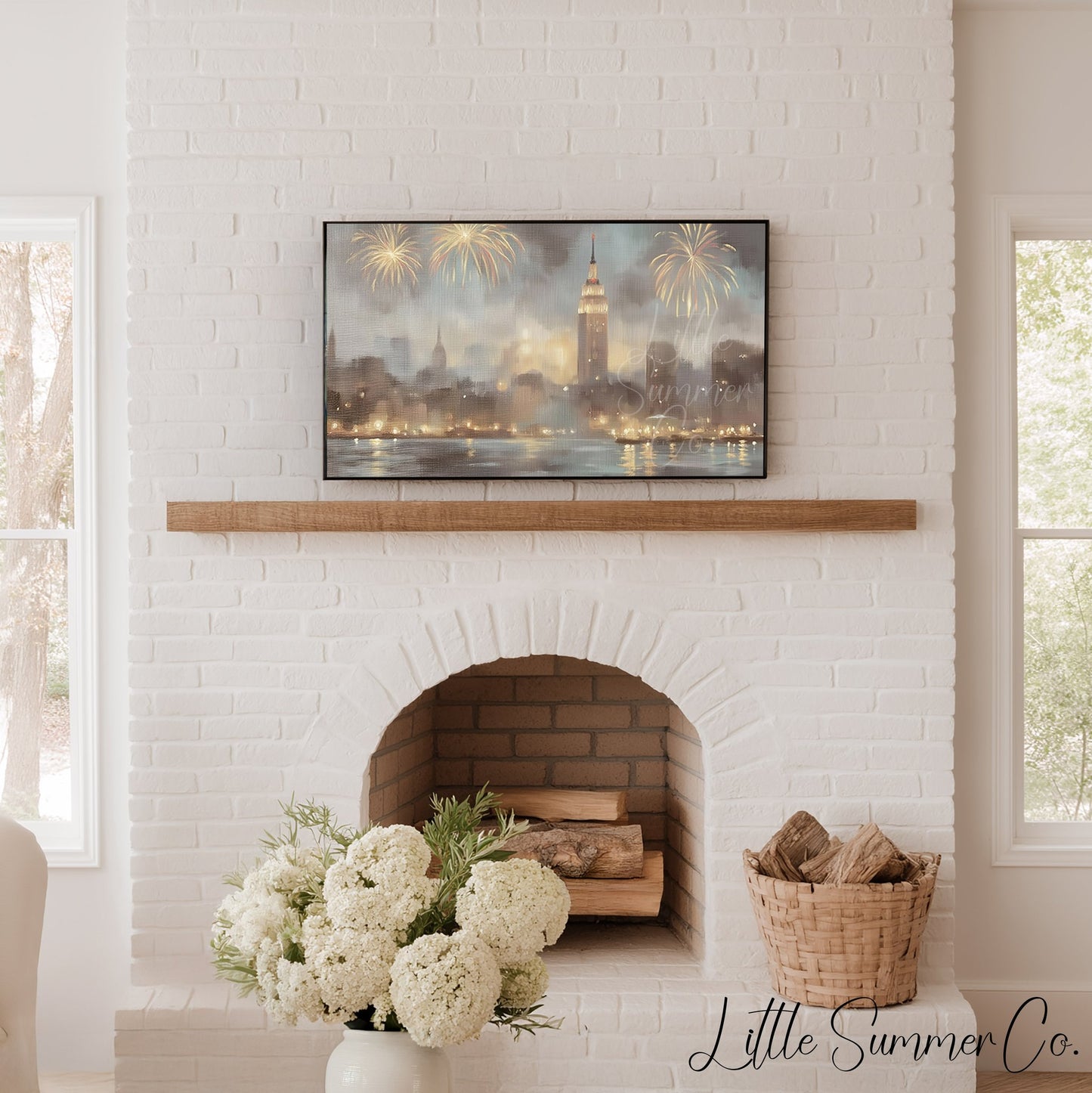City Fireworks Skyline Frame TV Art displayed on a TV