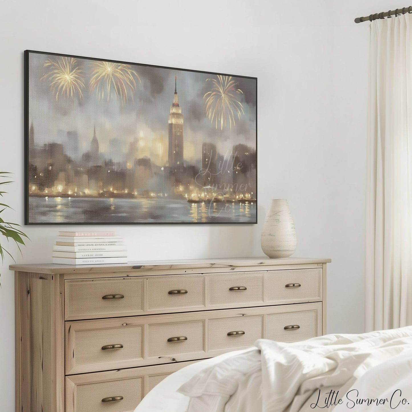 City Fireworks Skyline Frame TV Art displayed on a TV