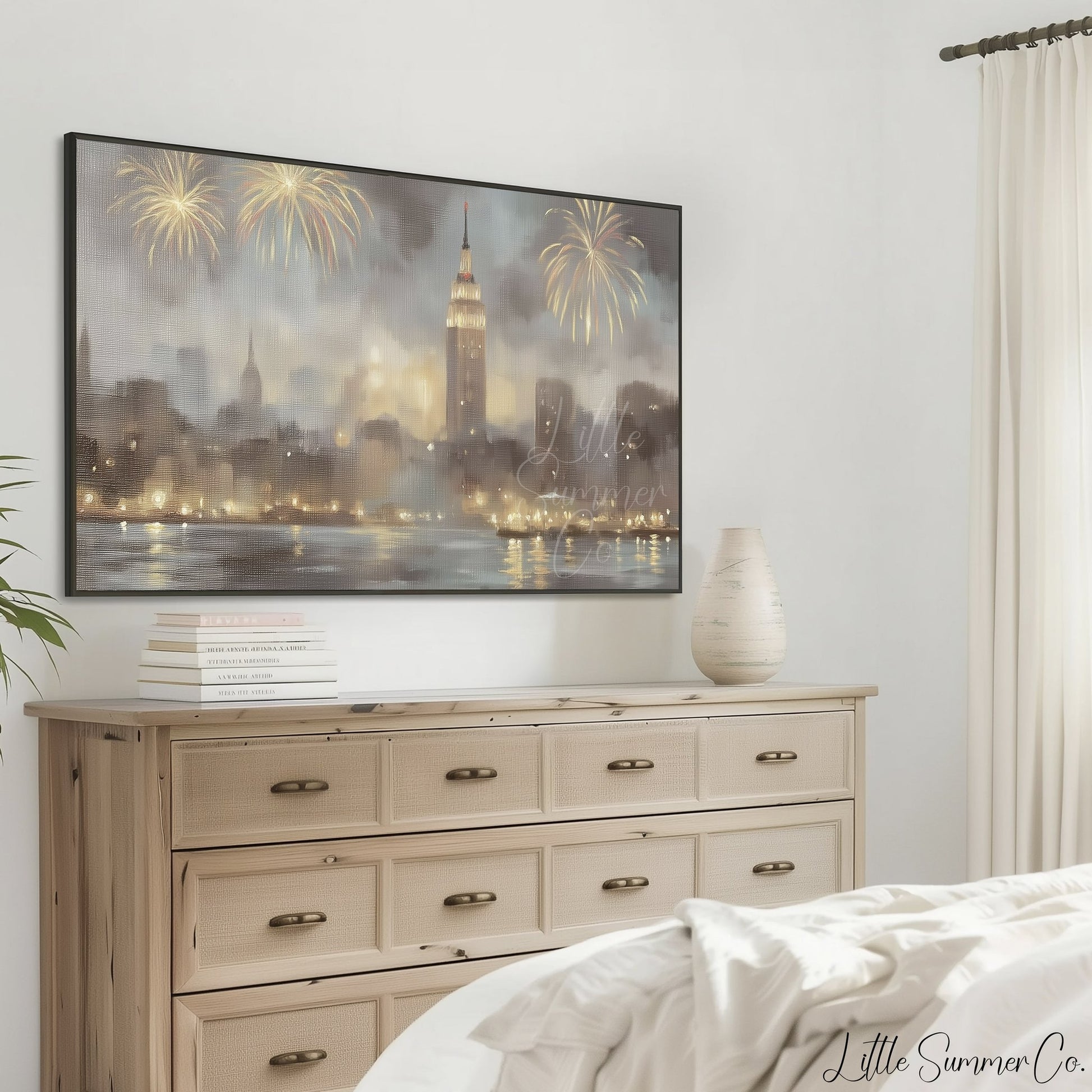 City Fireworks Skyline Frame TV Art displayed on a TV
