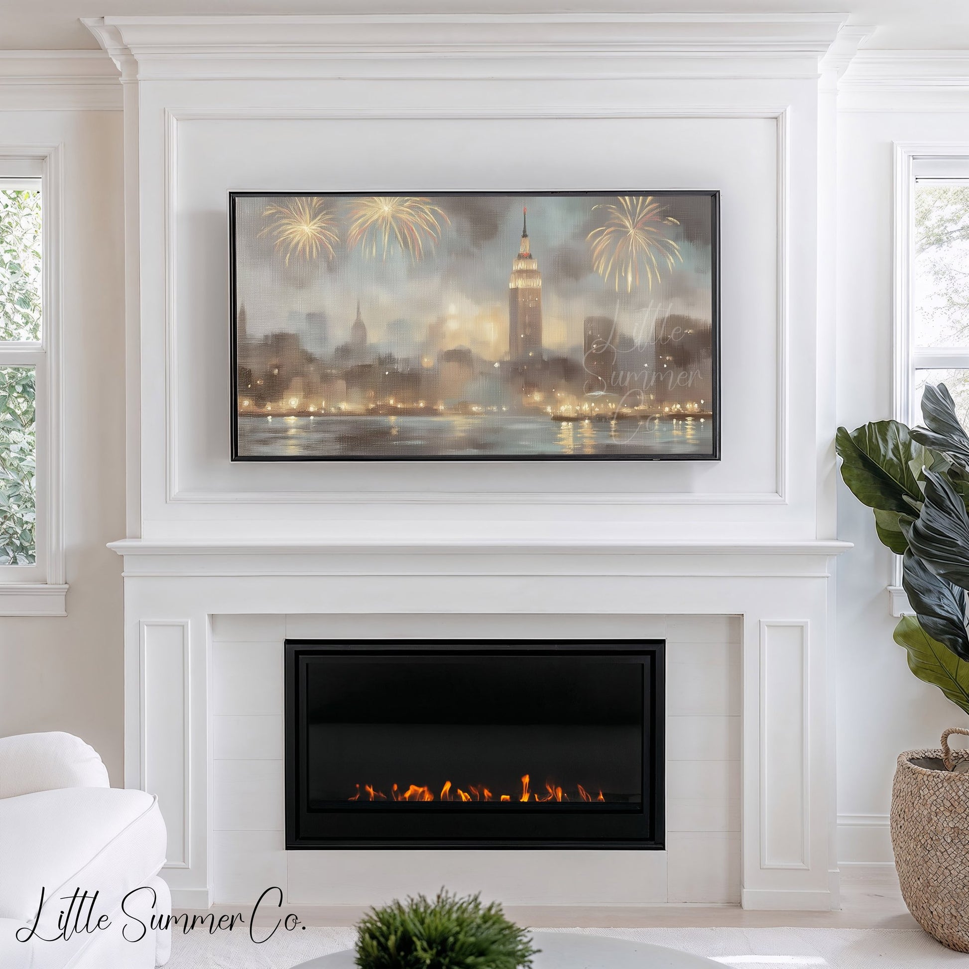 City Fireworks Skyline Frame TV Art displayed on a TV