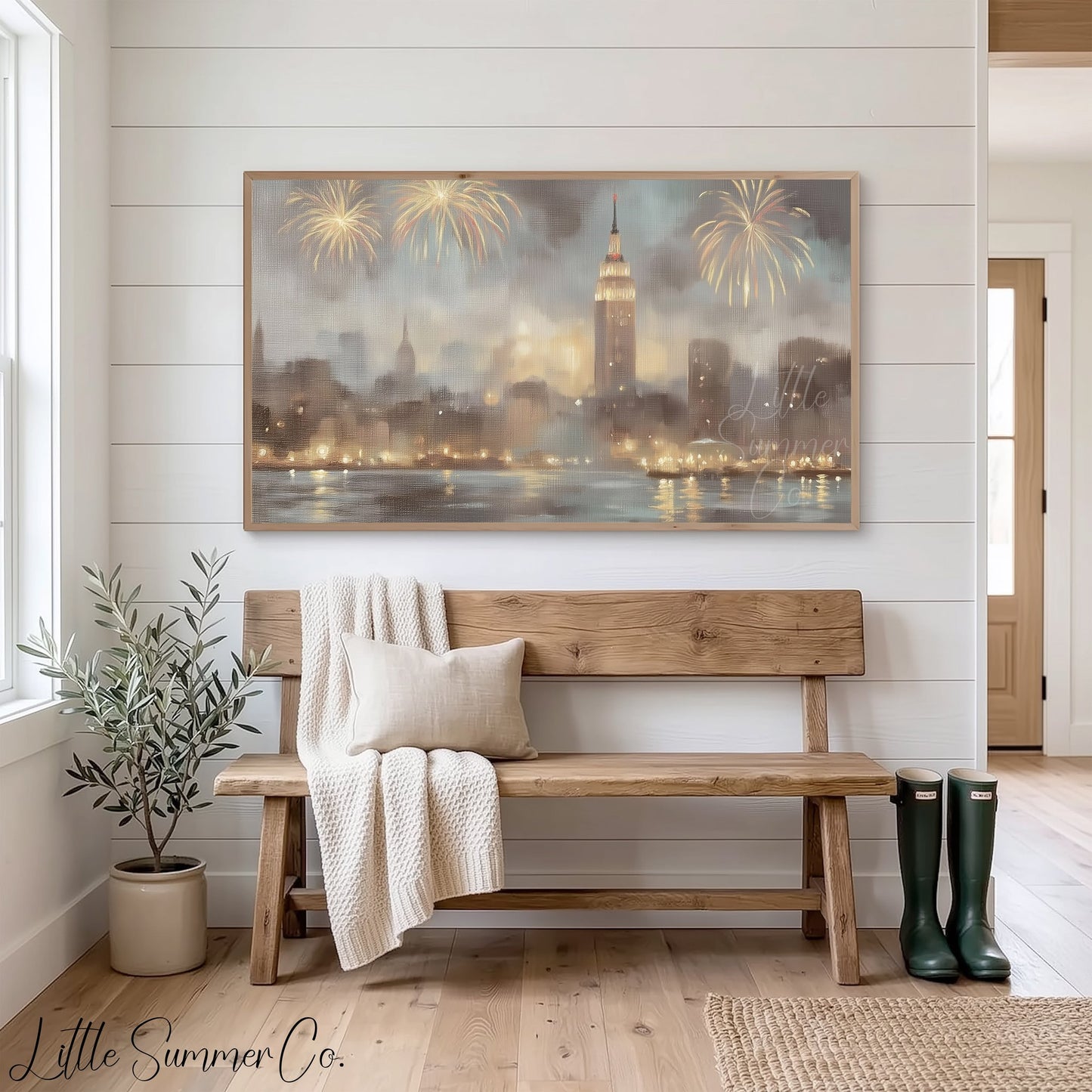 City Fireworks Skyline Frame TV Art displayed on a TV