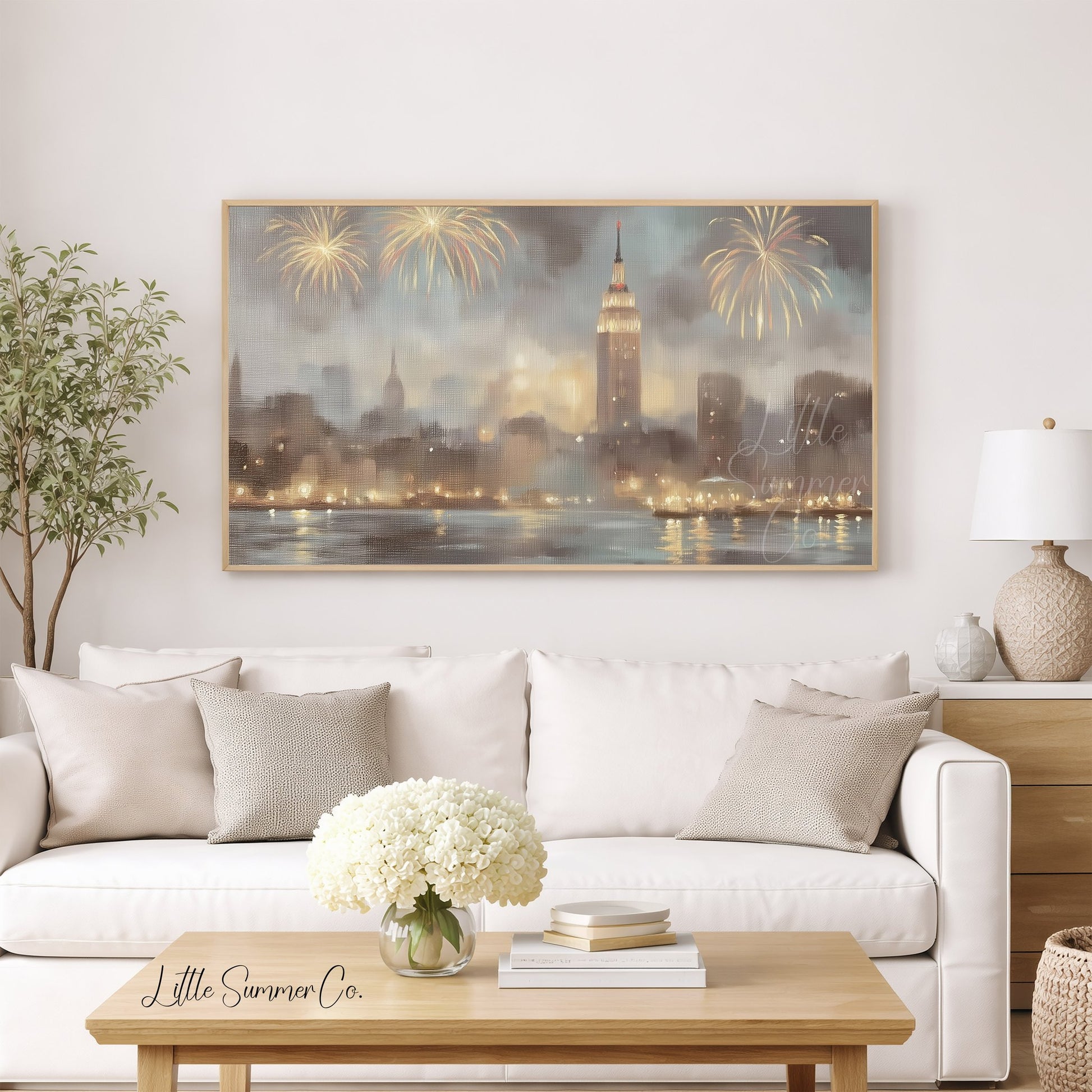 City Fireworks Skyline Frame TV Art displayed on a TV