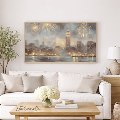 City Fireworks Skyline Frame TV Art displayed on a TV