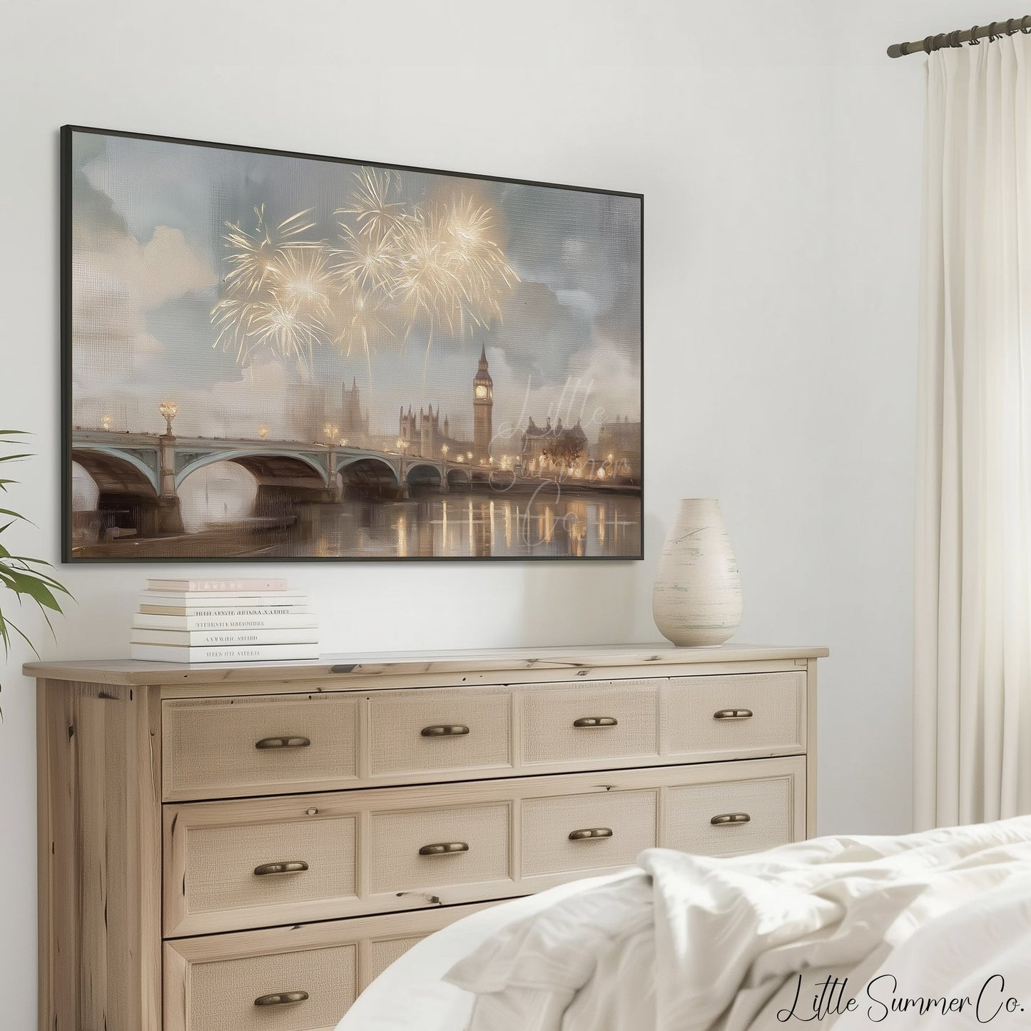 Big Ben Fireworks Frame TV Art displayed on a TV
