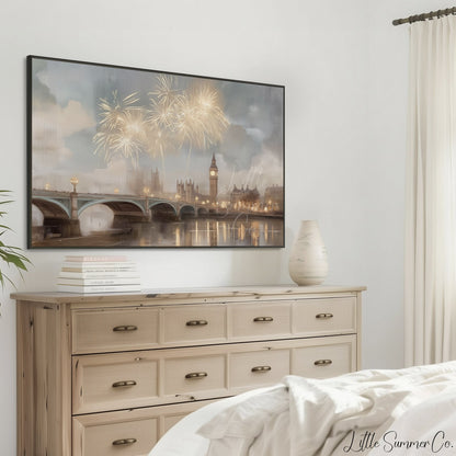 Big Ben Fireworks Frame TV Art displayed on a TV