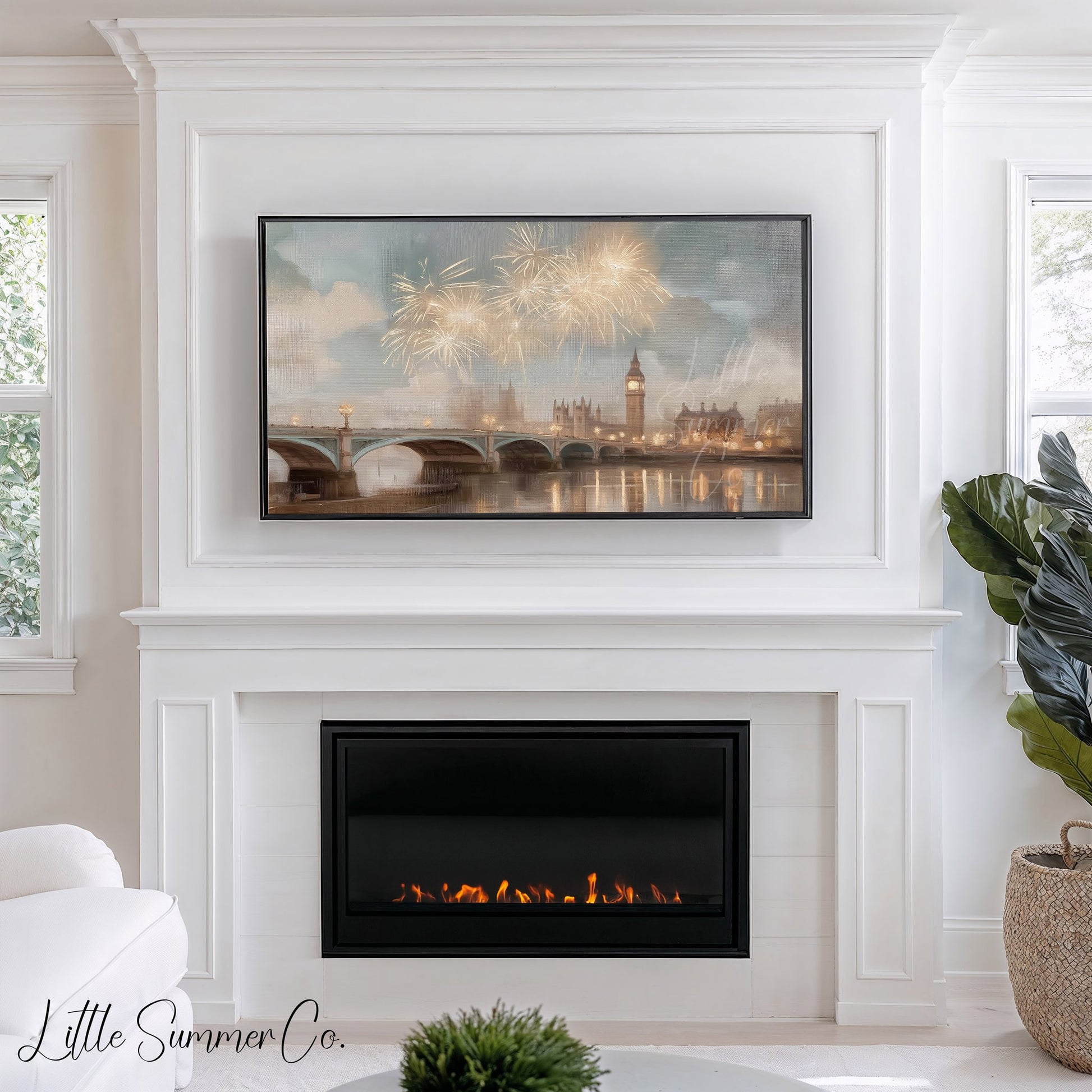 Big Ben Fireworks Frame TV Art displayed on a TV
