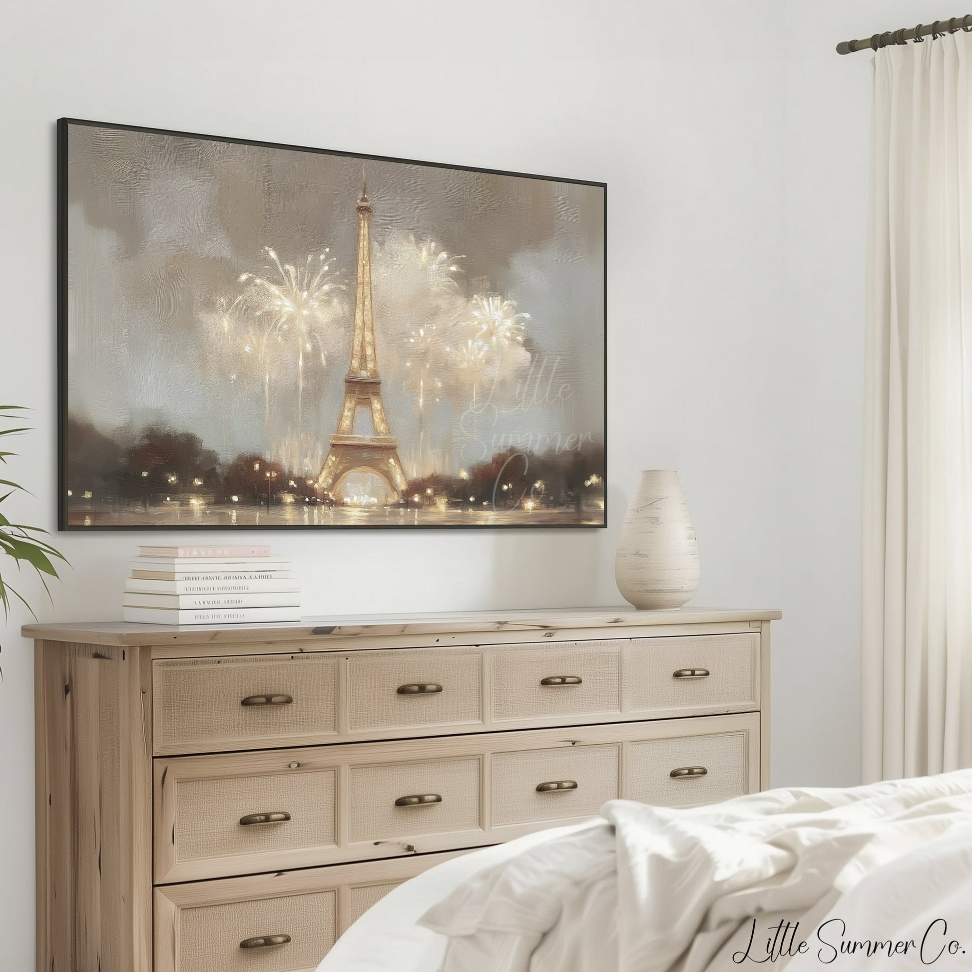 Eiffel Tower Fireworks Frame TV Art displayed on a TV