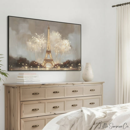 Eiffel Tower Fireworks Frame TV Art displayed on a TV