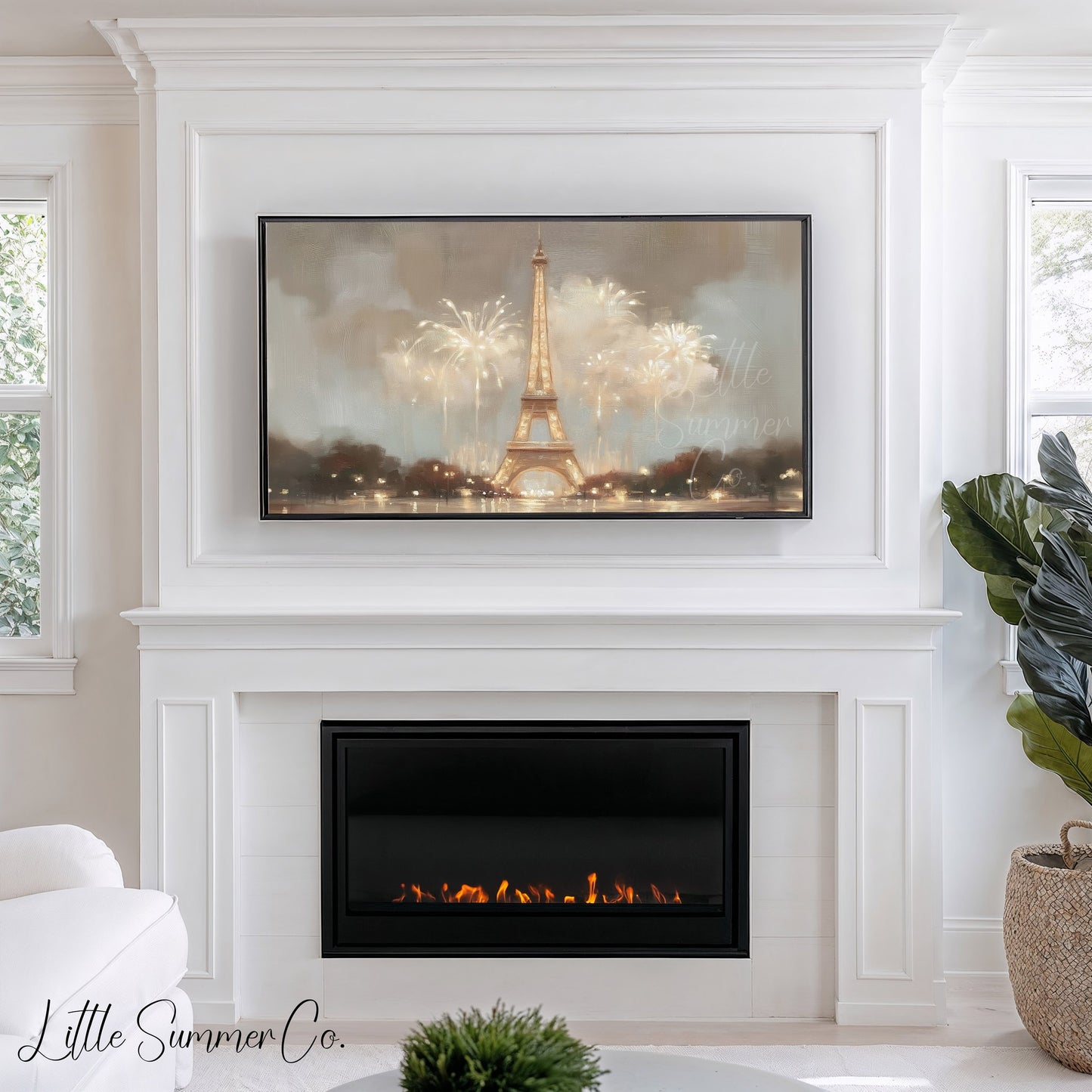 Eiffel Tower Fireworks Frame TV Art displayed on a TV