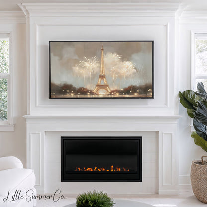 Eiffel Tower Fireworks Frame TV Art displayed on a TV