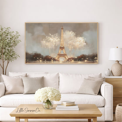 Eiffel Tower Fireworks Frame TV Art displayed on a TV