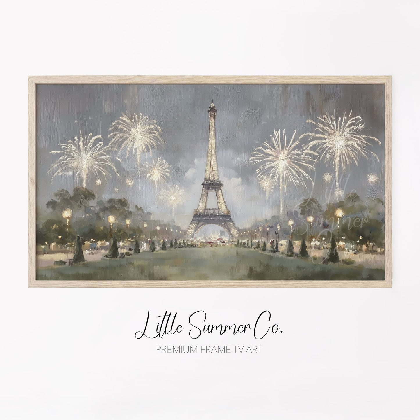Paris Eiffel Tower Fireworks Night Frame TV Art displayed on a TV