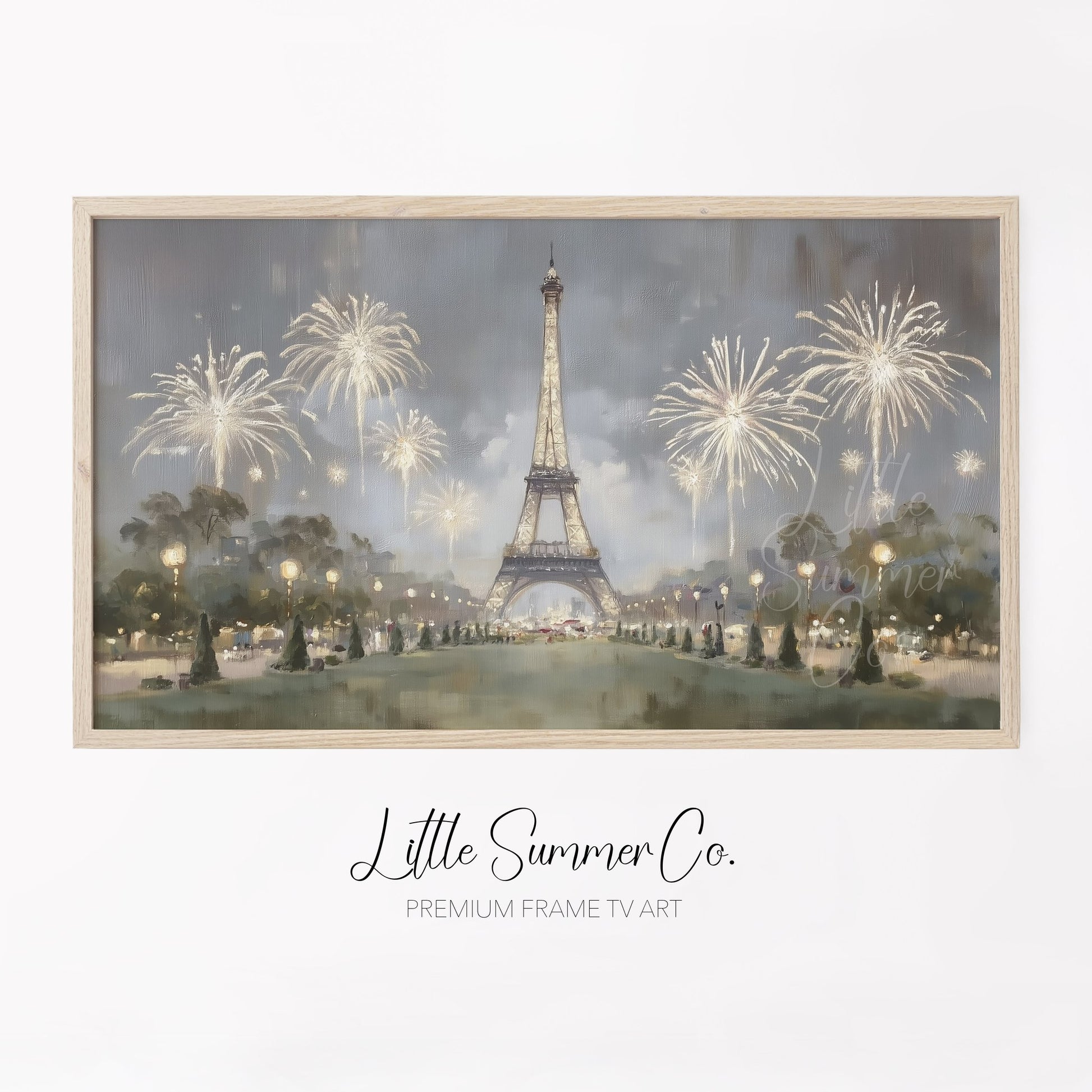Paris Eiffel Tower Fireworks Night Frame TV Art displayed on a TV